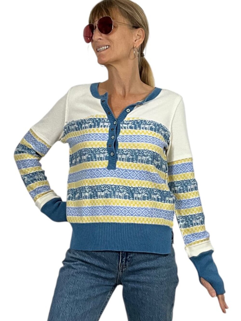 Free People We The Free To The Woods Henley Sweater S Light Combo Thermal - Picture 16 of 16